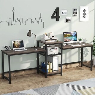 Two Person Desks, Double Workstation Desk, 96.9" Computer Desk with Printer Stand