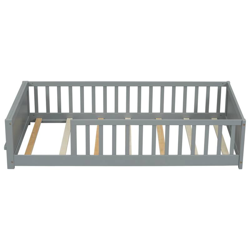 GDFStudio - Kensington Twin Floor Platform Bed with Built-in Book Storage Rack and Guardrails