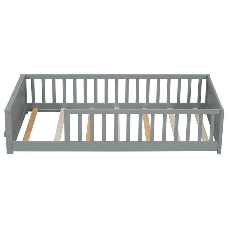 Twin Size Pine Wood Floor Platform Bed with Built-in Book Storage Rack and Fence