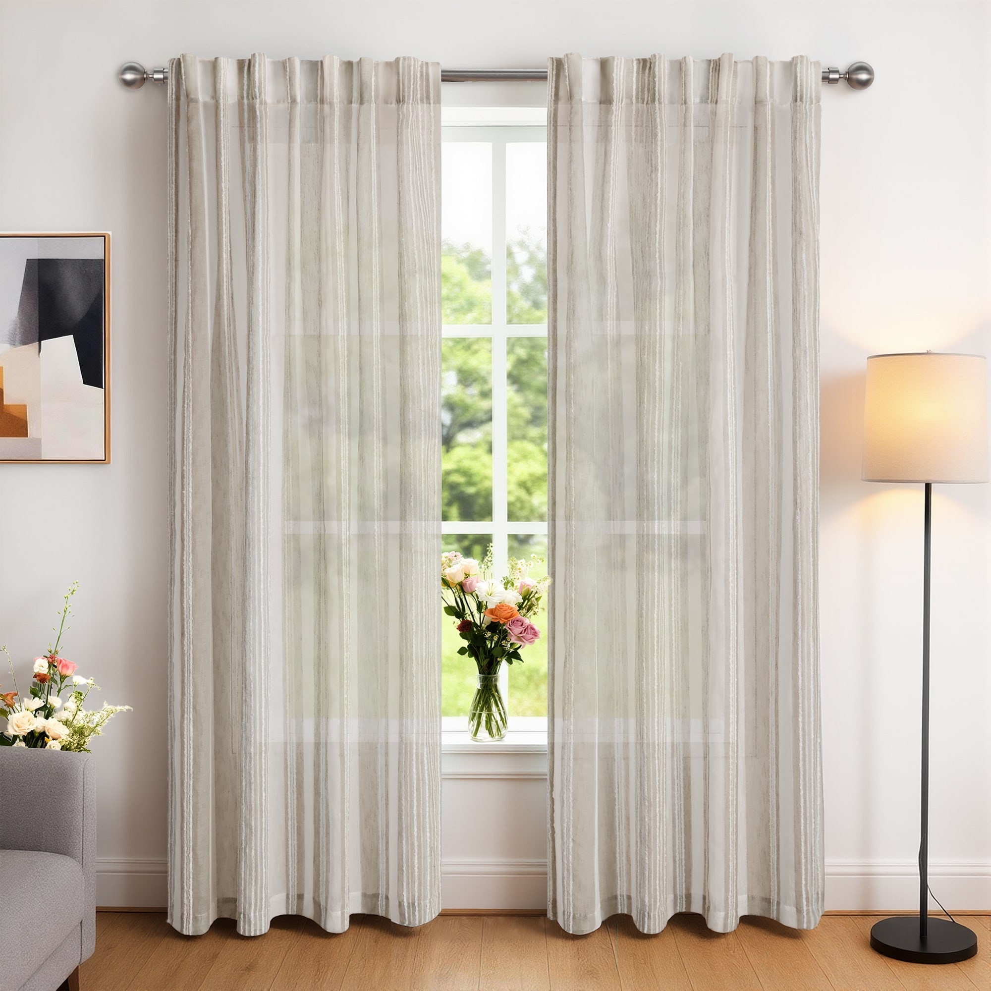 Boucle Vertical Stripe Light Filtering Back Tab Pair