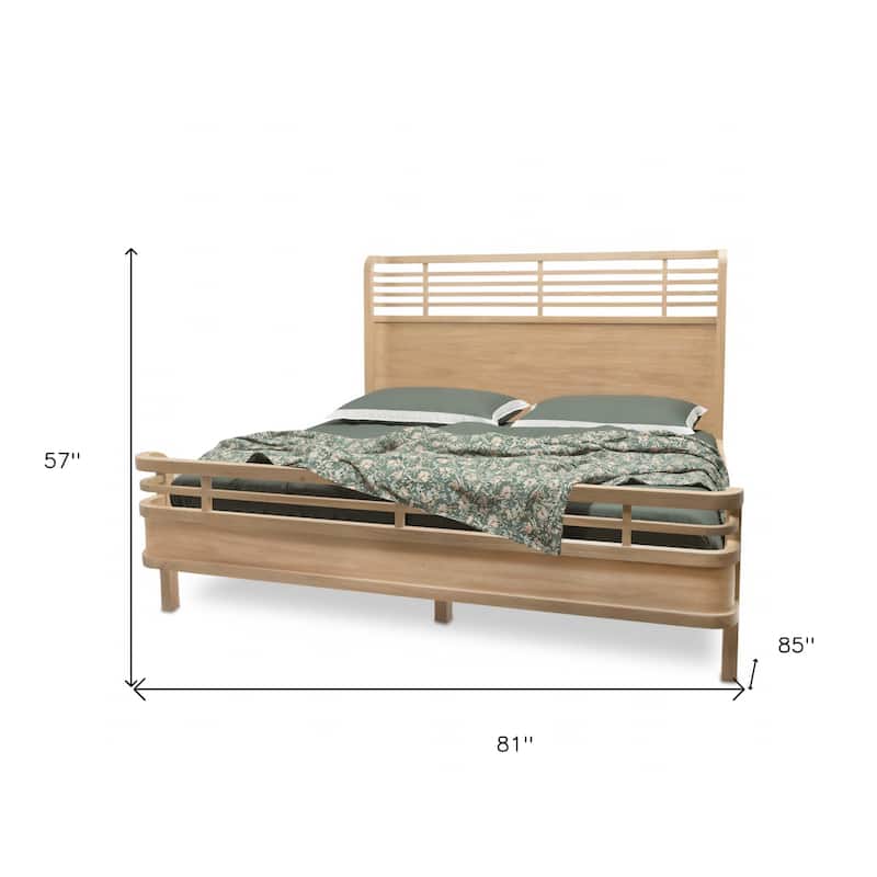 HomeRoots Brown Carved Geometric Solid Wood King Bed Frame