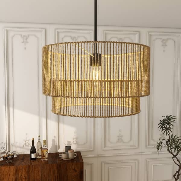 slide 2 of 10, Boho Light Fixture 2-Tier Handwoven Rattan Pendant Lights Natural