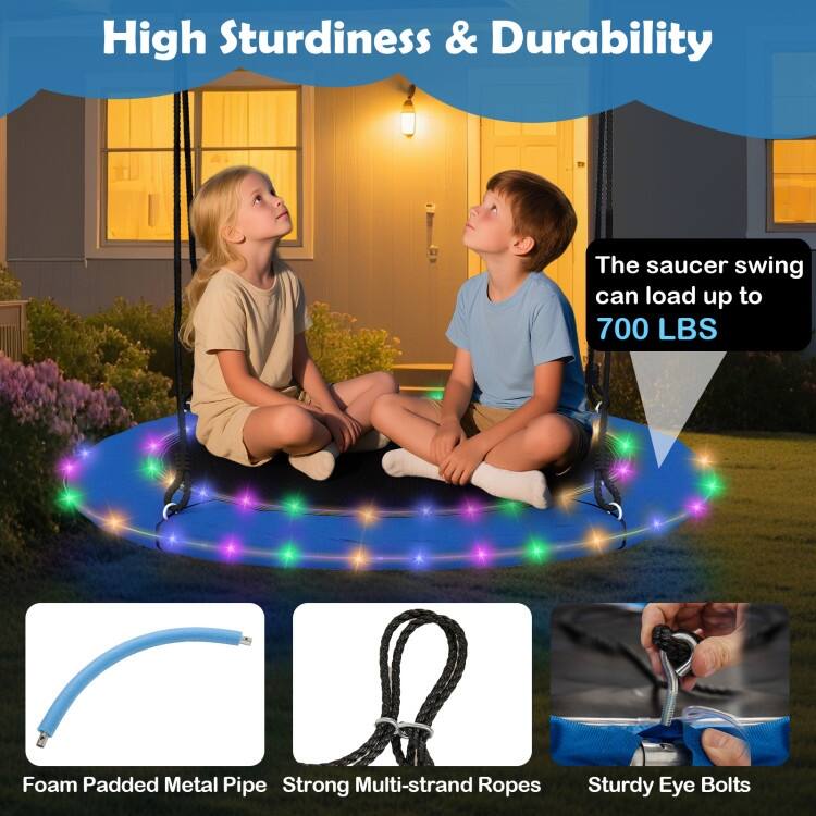 40 Inches Saucer Tree Swing Round with Lights for Kids and Adults-Blue - Multi