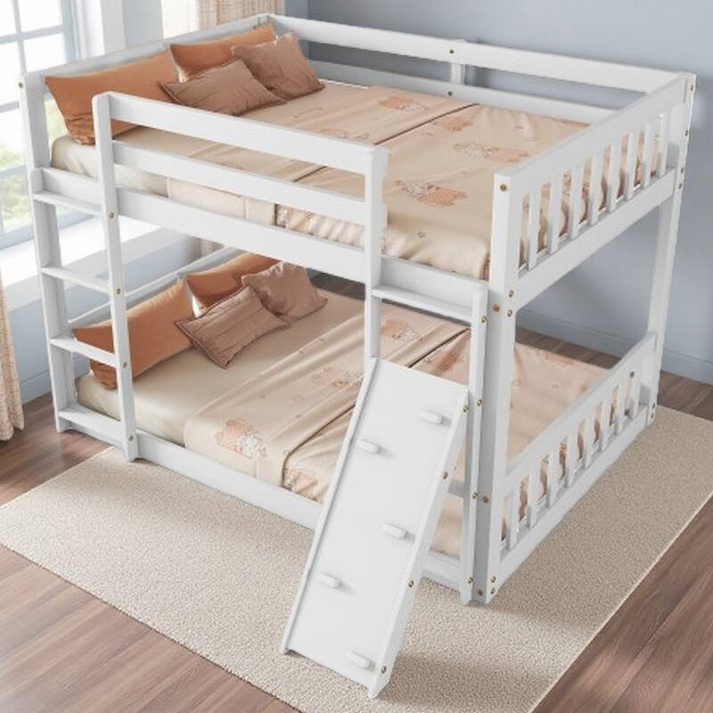 Twin Floor Bunk Bed with Double Ladders & Ramp, Pine Frame with Safety Guardrails - White