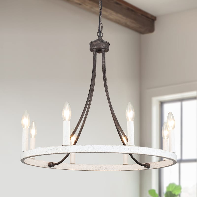 8-light Rustic Farmhouse Wagon Wheel Chandelier Candle Dining Room Lighting Fixtures for Kitchen Island Foyer - N/A - lmitation antique black+Retro white