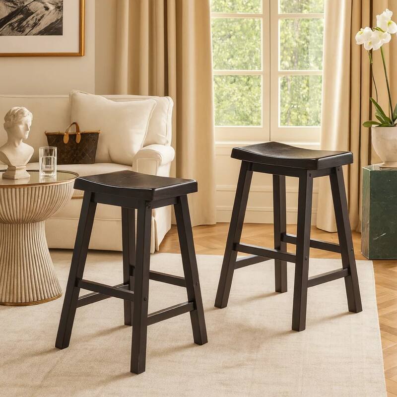 Wooden 24" Counter Height Stool with Saddle Seat, Black, Set of 2