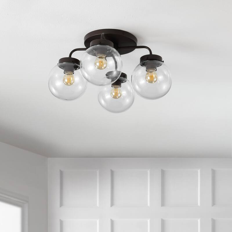 Julian 18" 4-Light Farmhouse Rustic Iron/Glass LED Semi Flush Mount, Oil Rubbed Bronze/Clear by JONATHAN Y - 4 Light