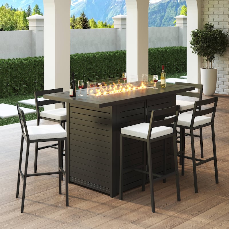 7-Piece Outdoor Patio Bar Height Dining Set in Aluminum with Rectangular Fire Pit Table and 6 Barstool