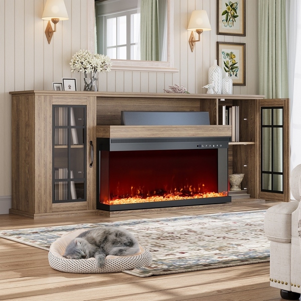 Erommy Adjustable Glass Shelves Entertainment Center with Electric Fireplace in 70 79 Fireplace TV Stand On Sale Bed Bath Beyond 40028942