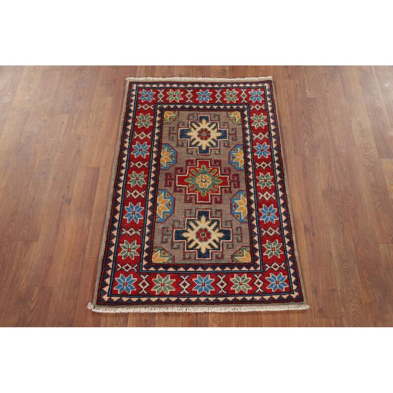Hand Knotted Oriental 100% Wool Carpet Traditional Geometric Brown Kazak Area Rug - 3' 1'' X 2' 2''