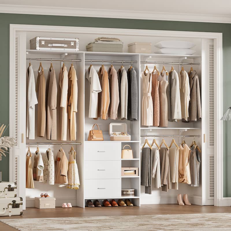Rackcog 96'' W Closet Organizer with Drawers and Hanging Rods, Wardrobe Closet System (can be cut to fit)