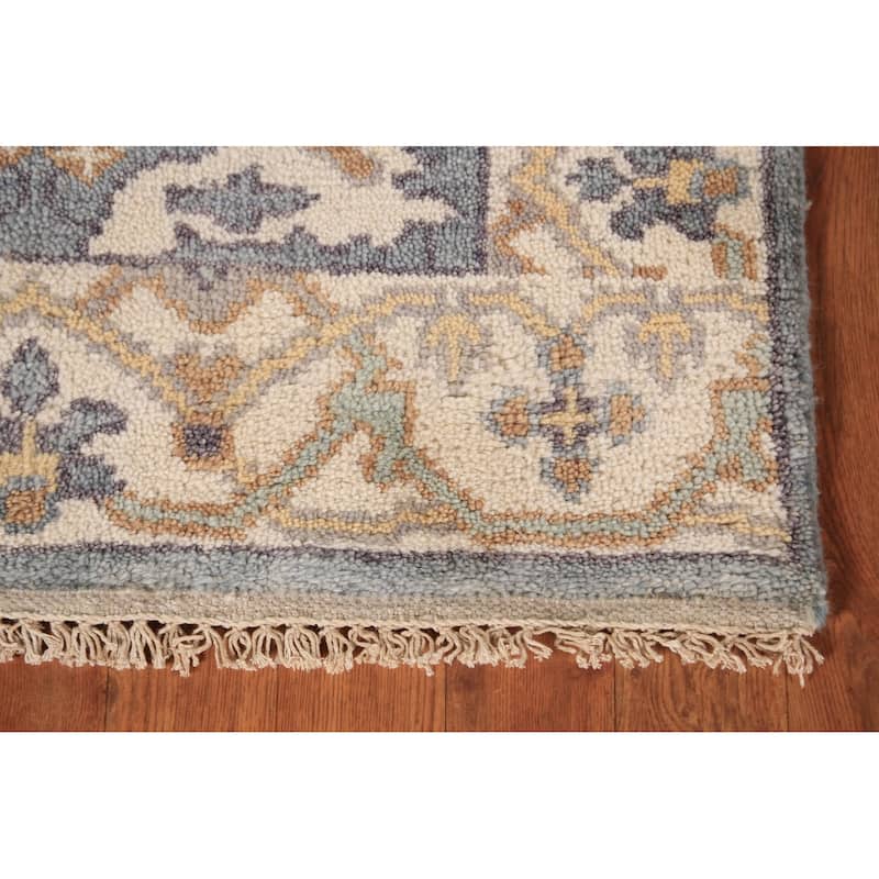Light Blue Oushak Oriental Runner Rug Hand-Knotted Floral Wool Carpet - 2'7" x 9'11"