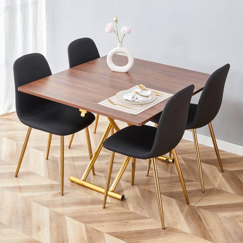 5-Piece Modern Lift-Top Table Set with Gold Legs, Includes 4 Black Linen Fabric Chairs, Stylish Dining Set for Kitchen