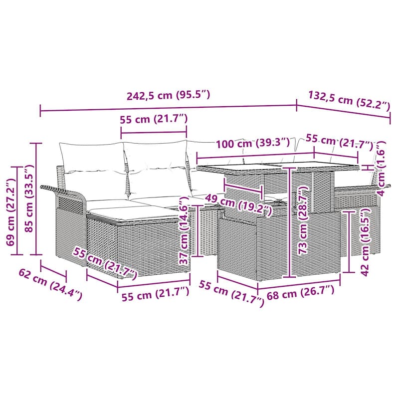 vidaXL 7 Garden Sofa Set with Cushions Black/Brown/Grey Poly Rattan - 95.5 x 52.2 x 27.2