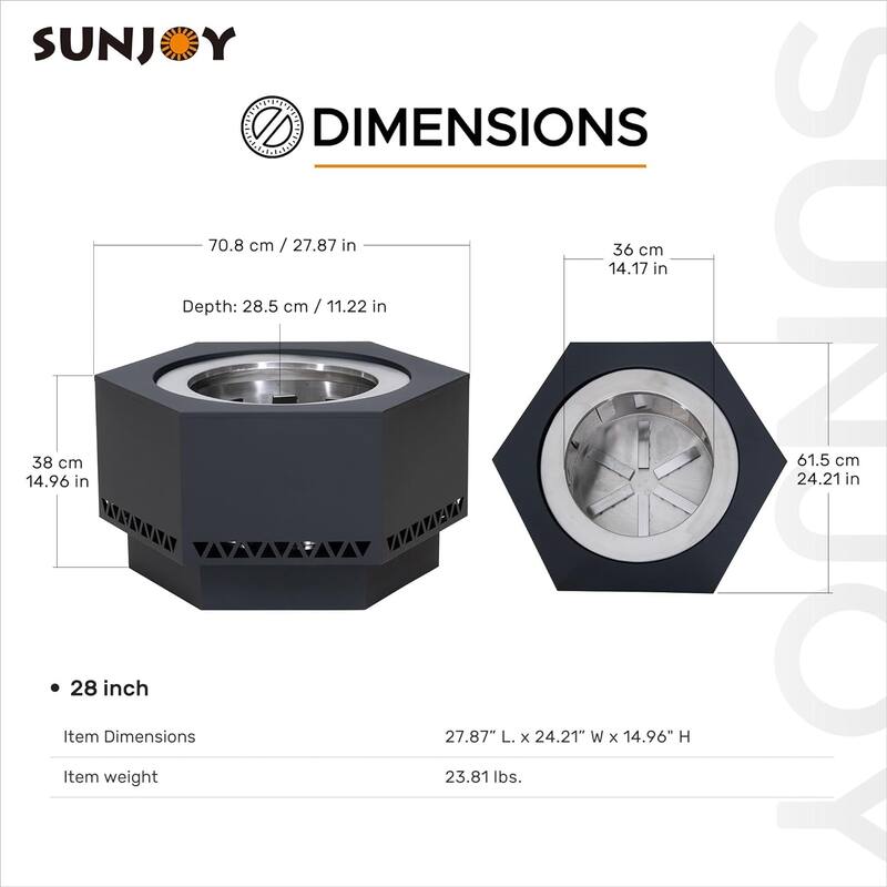 Sunjoy Smokeless Fire Pit, 28 In. Hexagonal Outdoor Fire Pit with PVC Cover and Fire Poker - 28in.