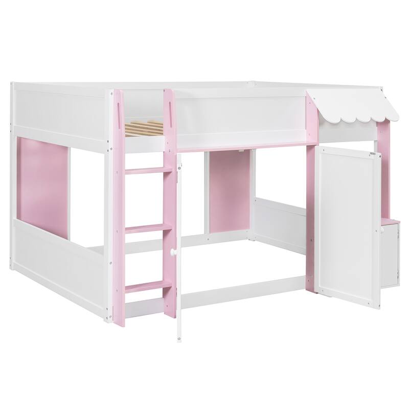 Full Loft House Bed with Playhouse & Storage, Modern Wood Cabin Bed for Kids