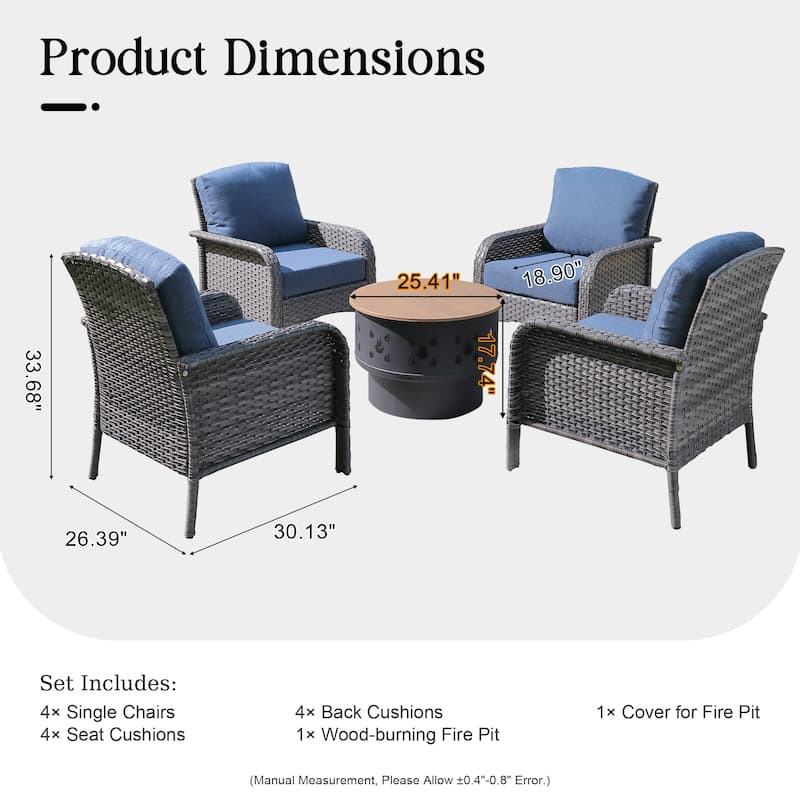 HOOOWOOO 5-piece Patio Wicker Chair Set with Wood Burning Fire Pit