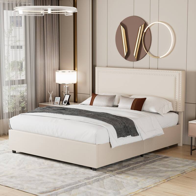 Modern Upholstered Bed Frame with 4 Storage Drawers, Platform Fabric Bed with Button Tufted Headboard