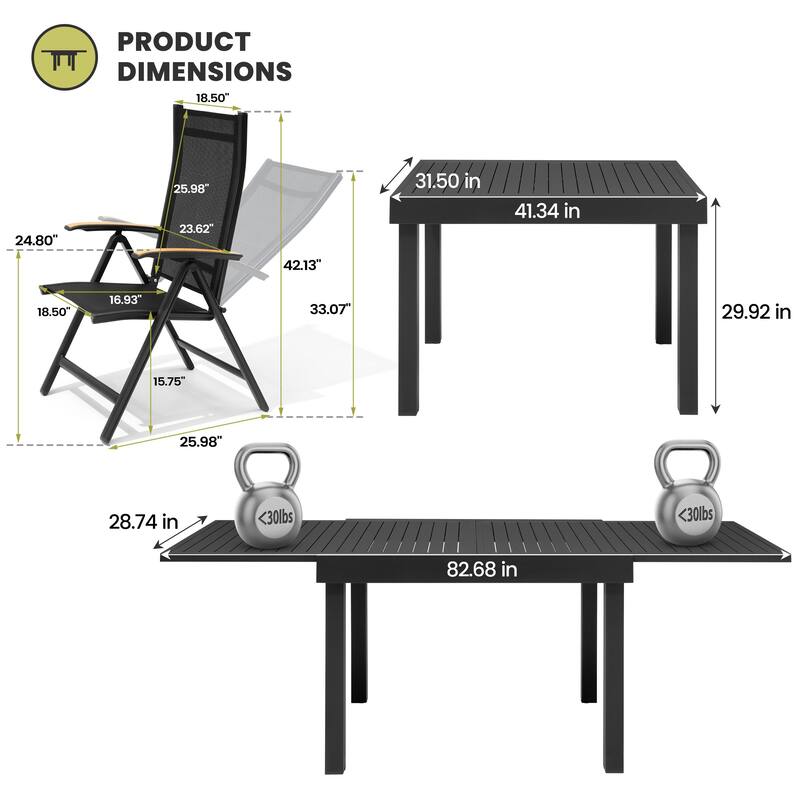 5/7/11-Piece Outdoor Patio Dining Set Aluminum Expandable Rectangular Dining Table with Adjustable Back Folding Chairs