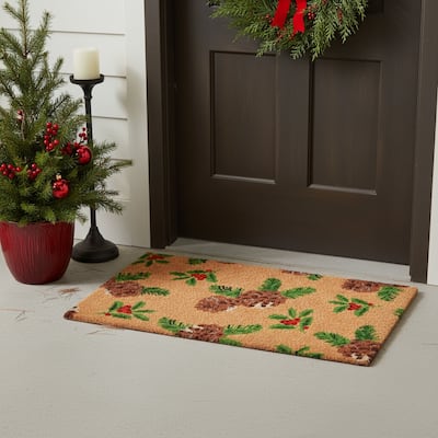 HomeRoots 17" X 29" Brown Red And Green Christmas Outdoor Coir Door Mat - 17.00' X '29.00