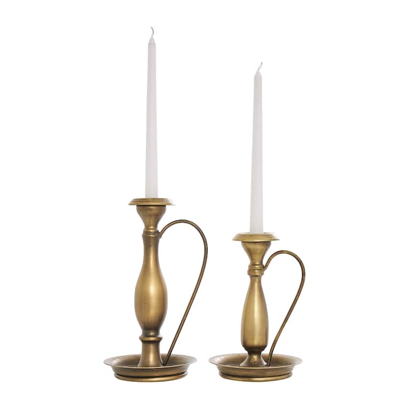 Metal Antique Style Candle Holder with Candle Plates and Handles - Set of 2 Bronze - Roche River Decor - 5"W x 5"L x 10"H
