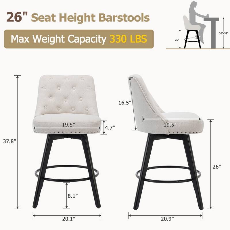 Bar Stools Set of 2, Modern Swivel Counter Height Bar Stools with Back and Wood Legs
