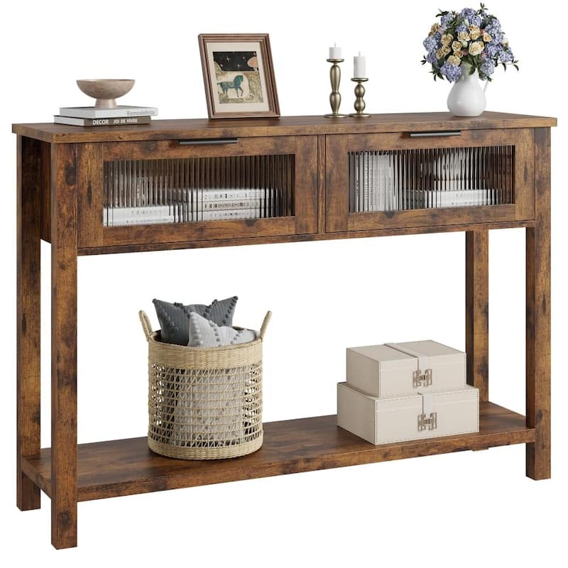Farmhouse Console Table with 2 Glass Drawers & Shelf - Rustic Brown