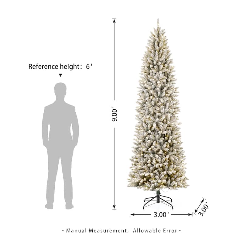 Glitzhome 9ft Pre-Lit Flocked Pencil Fir Artificial Christmas Tree with 600 Warm White Lights