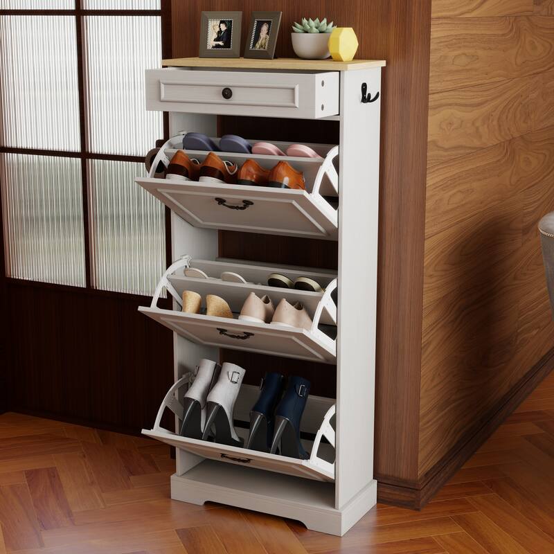 Shoe Cabinet with 1 Drawer & 3 Flip Drawers, Freestanding Storage Organizer, Slim Shoe Cabinet with Adjustable Shelf