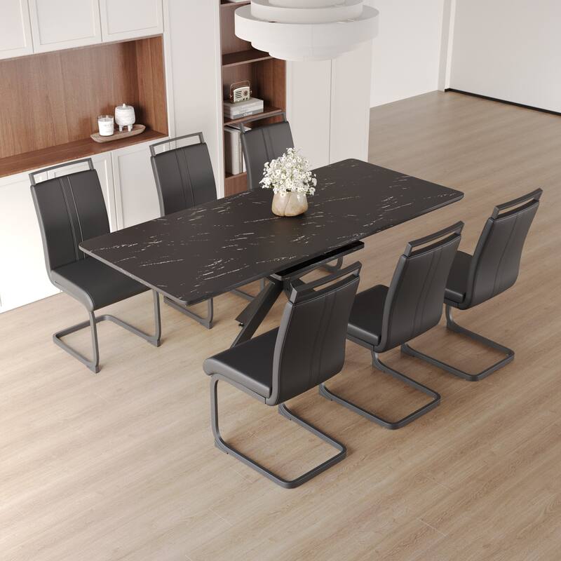 Extendable Dining Table with X-Shaped Metal Legs, Exquisite Table and Chair Set with Upholstered Dining Chairs - Black