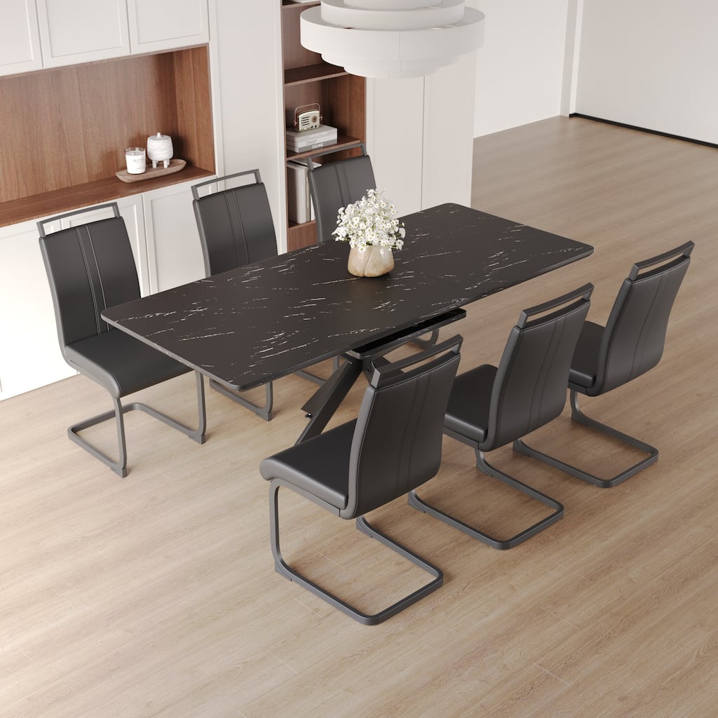 Extendable Dining Table with X-Shaped Metal Legs, Exquisite Table and Chair Set with Upholstered Dining Chairs