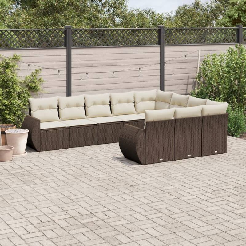 vidaXL Patio Sofa Set with Cushions Outdoor Conversation Furniture Poly Rattan - Brown and cream without table - 24.4 x 28.0 x 27.2
