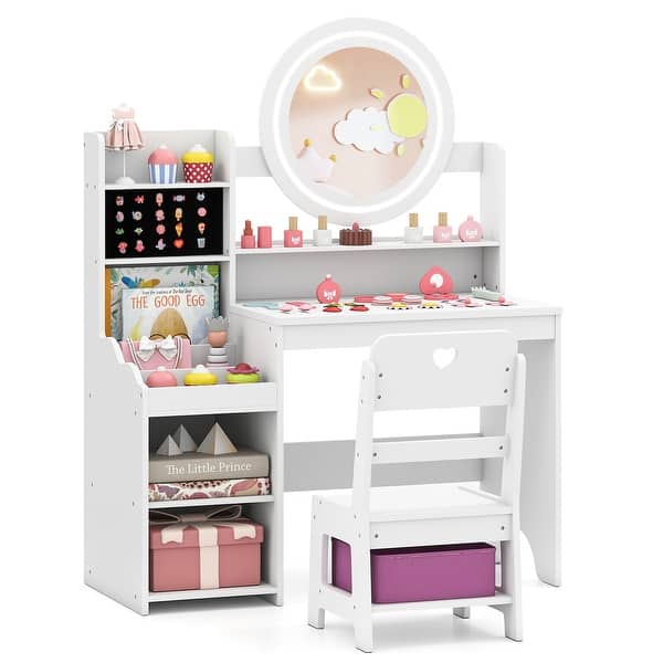 slide 2 of 20, Gymax Kids Vanity Table Set w/ Lighted LED Mirror Princess Dressing White