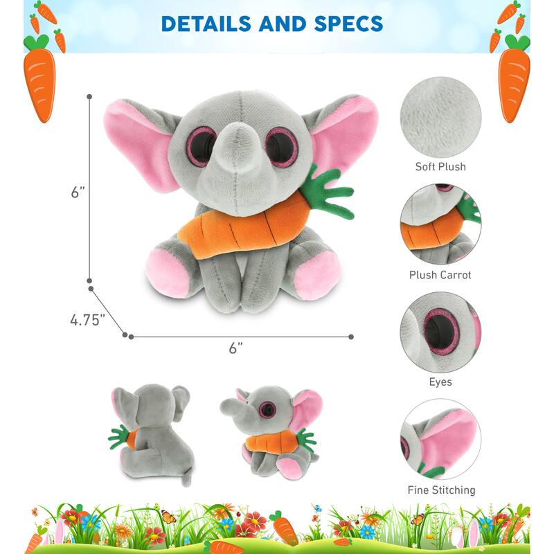 DolliBu Happy Easter Sparkling Eyes Elephant with Carrot Plush Toy - 6 inches