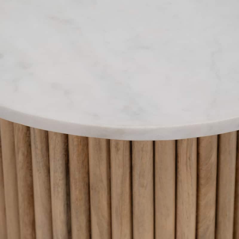 Sagebrook Home Mango Wood & Marble Accent Table with Reeded Base, MDF Support, and Contemporary Cylinder Design