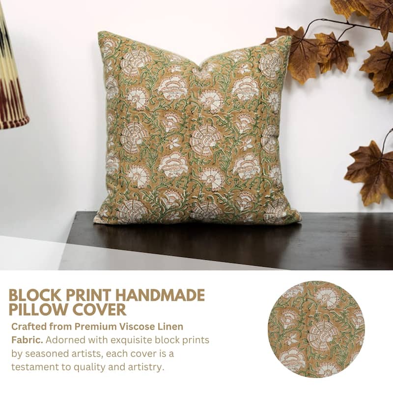 Fabdivine Hand Block Print 24x24 Inch Floral Cushion Case for Farmhouse Soft Linen Boho Home Throw Décor Pillow Cover, Sonakshi