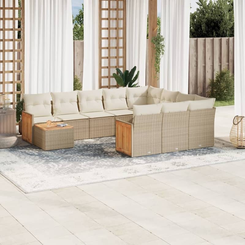 vidaXL Patio Sofa Set with Cushions Outdoor Furniture 11 Piece Poly Rattan - 21.7 x 21.7 x 14.6 - Beige and Cream