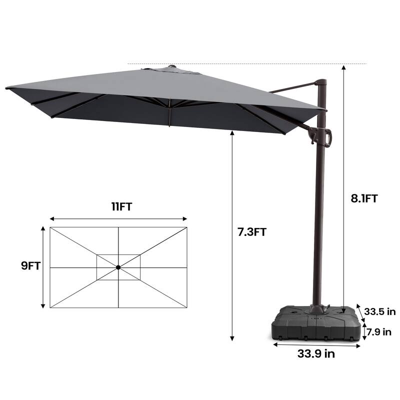 Outdoor 9 x 11 Ft Cantilever Patio Umbrella 360 Degree Rotation with HDPE Base