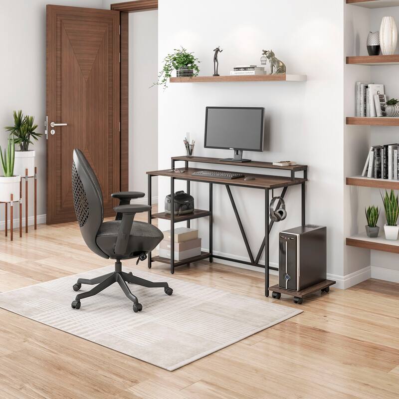 Modern Industrial Computer Desk with Two Open Shelves, Elevated Storage, and Accessory Holder for Home Office Organization
