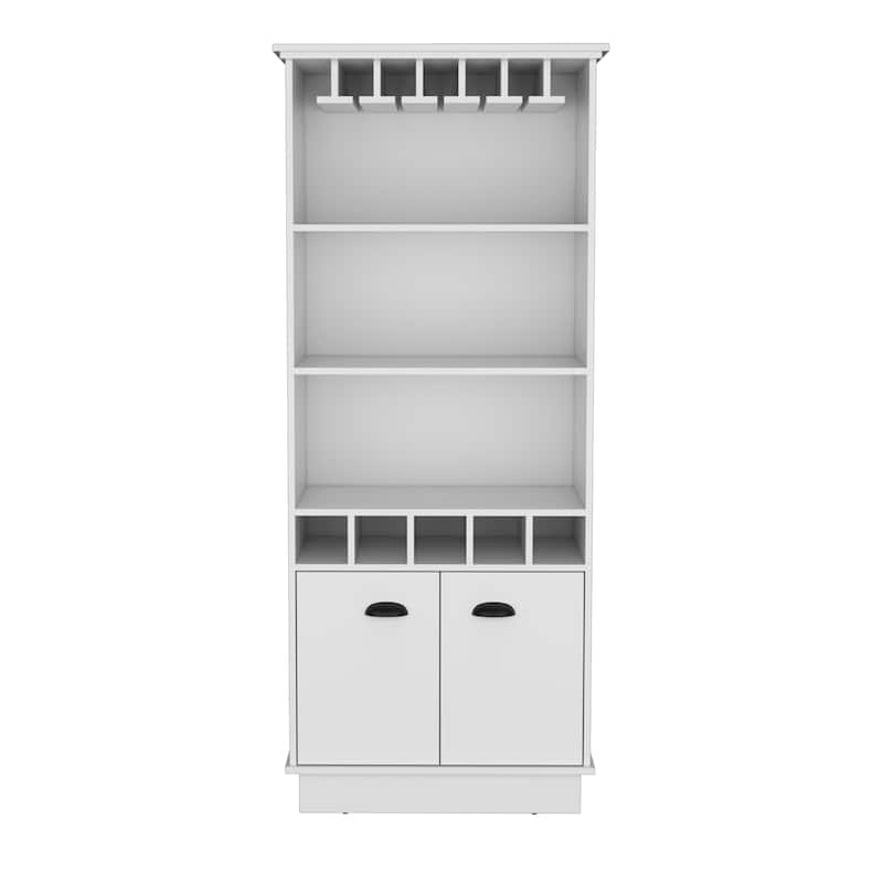Dundee 70-Inch High 10-Glass Bar Cabinet with 5 Cubbies and 3 Open Shelves and Cabinet