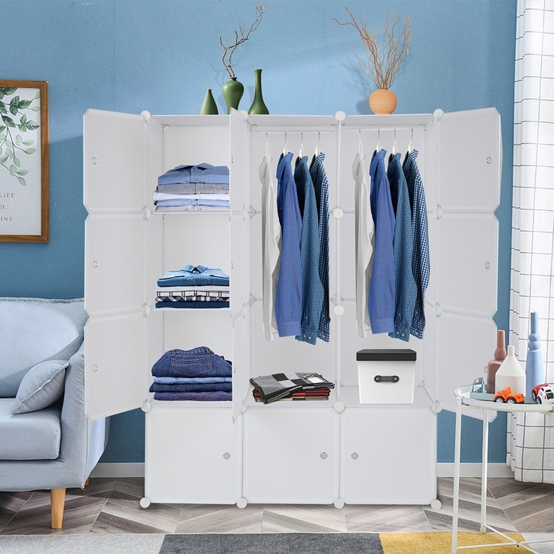 Portable Closet Clothes Wardrobe Plastic Bedroom Armoire 14x20 Depth Cube  Storage Organizer with Hanging Rod and Doors，15 Cubes, White (Door