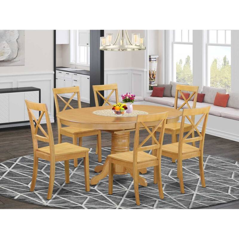 HomeStock 7-Pc Natural Oak Finish Solid Wood Top Dining Table with 6 Chairs