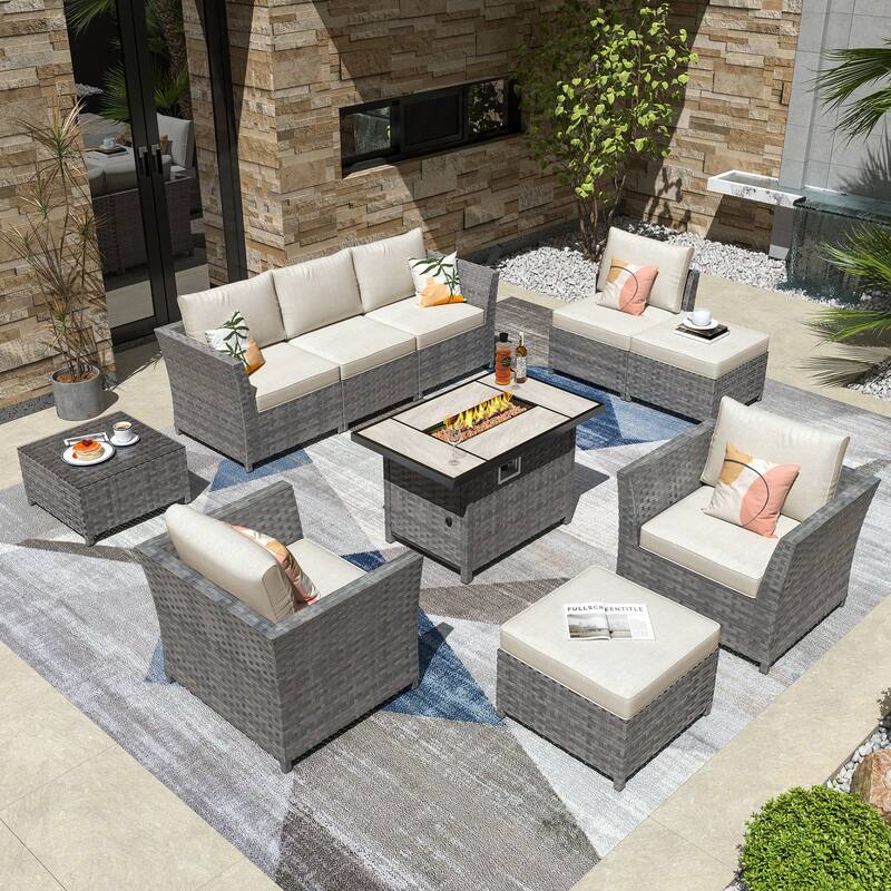 HOOOWOOO 10-piece Outdoor Furniture Rattan Sectional Set with Fire Pit Table. - Beige