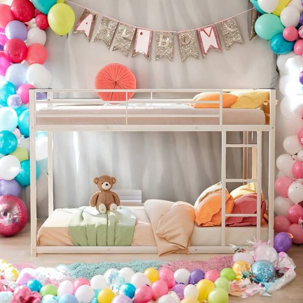 slide 2 of 27, Modern Convenient Design Twin Over Twin Metal Bunk Bed,Low Bunk Bed With Ladder, White