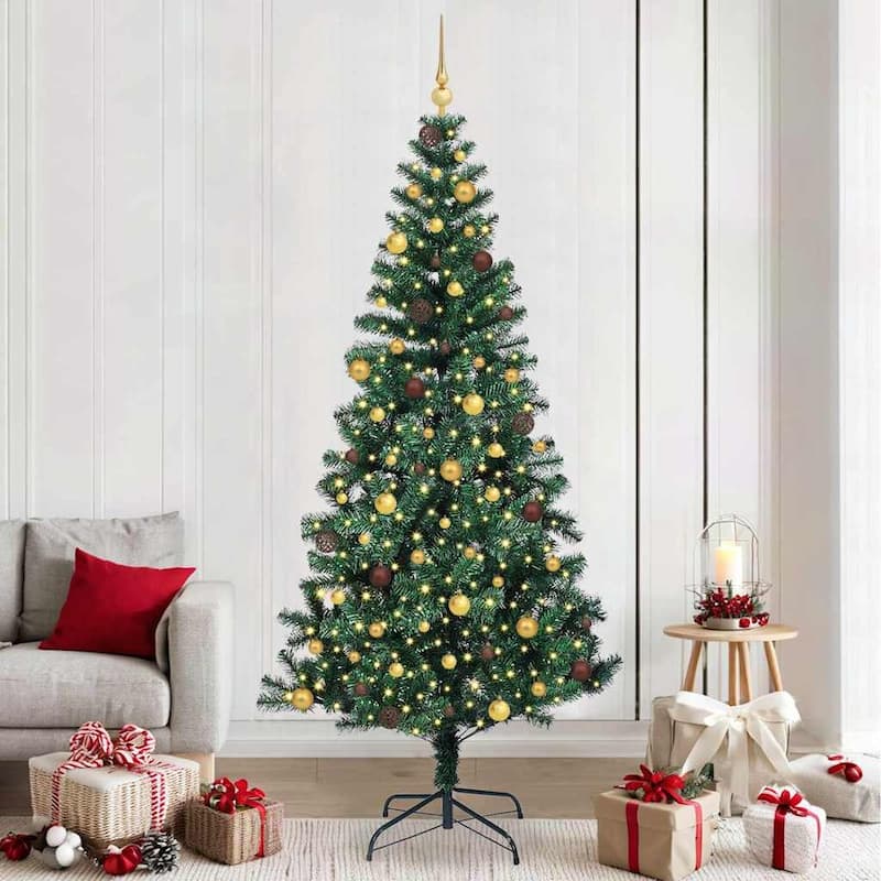 vidaXL Artificial Christmas Tree Green 70.9" PVC - Green with leds & gold/bronze balls - 8 Foot