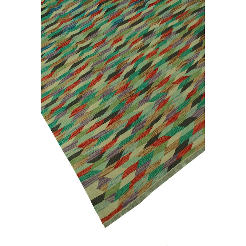 Hand-Woven Winchester Kilim Mamoun Green/Rust Rug - 6'8" x 9'11"