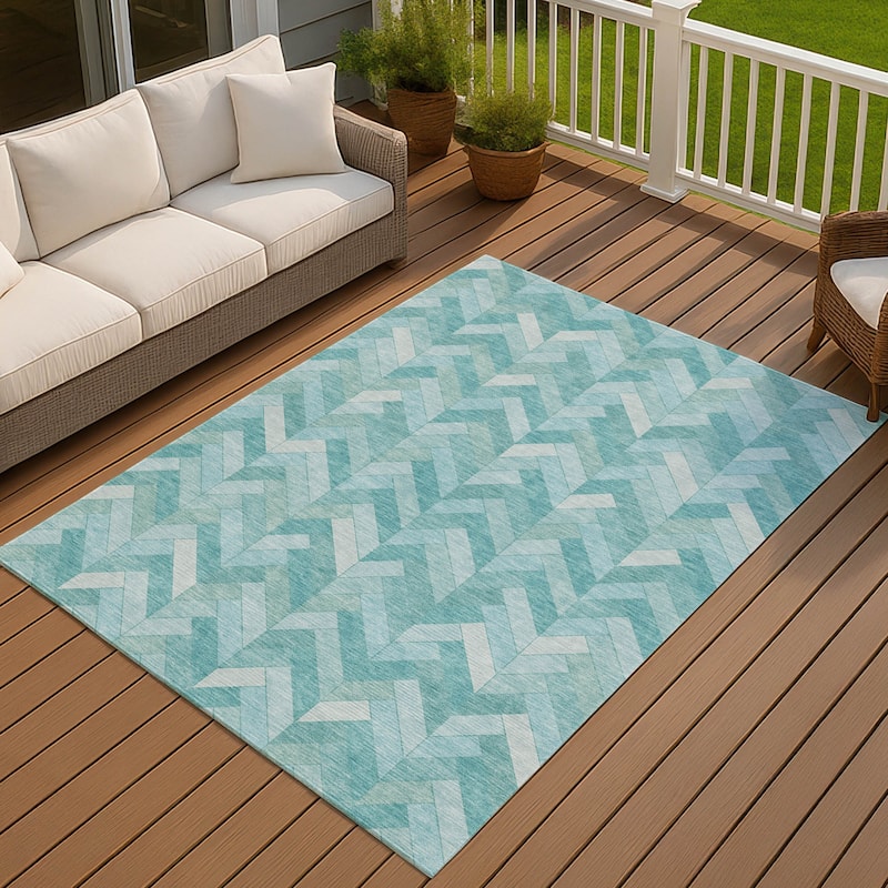 Machine Washable Indoor/ Outdoor Modern Chevron Chantille Rug - Aqua - 2'6" x 3'10"