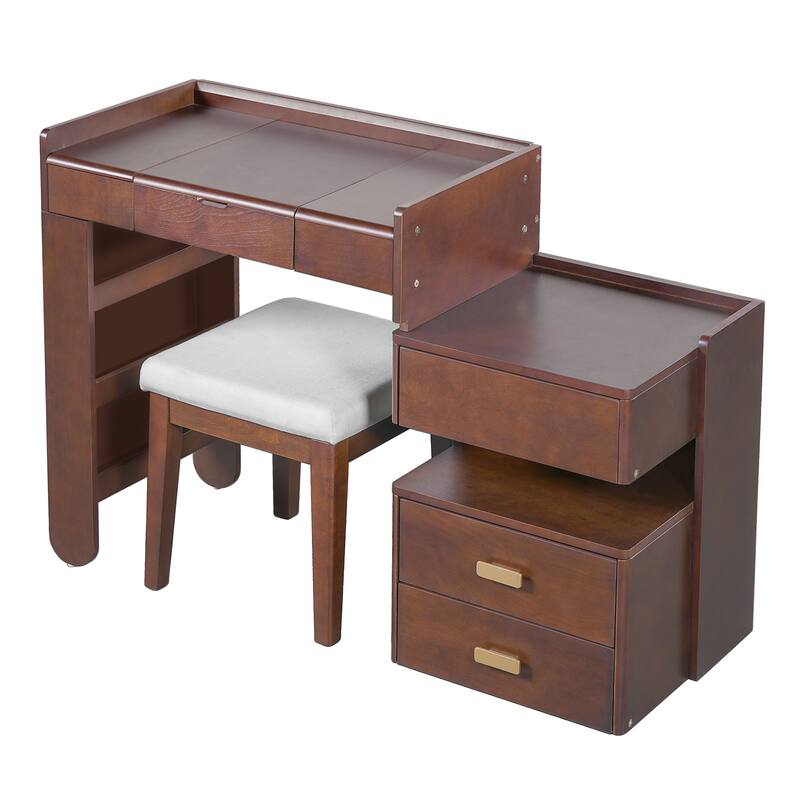 Bedroom Dressing Table and Stool Set of 2, 3-in-1 Makeup Vanity Desk with 3-Color Lighted Mirror & Retractable Side Cabinet
