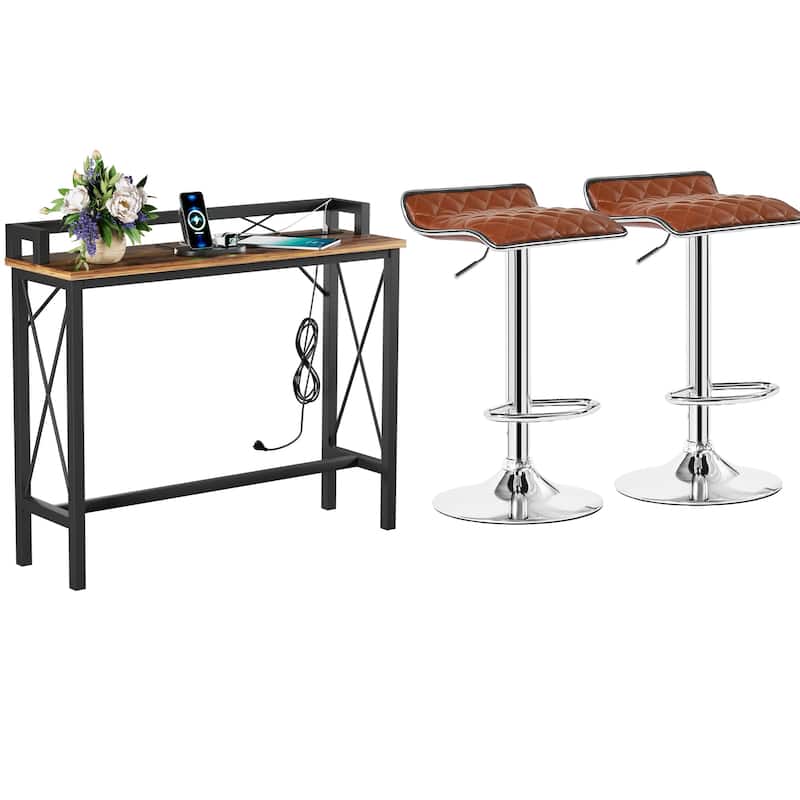 5-Pieces Console Table with Bar Stools Set, with 2 Outlet and 2 USB Ports, Dining Table Sets for Breakfast Nook - 100CM - Brwon+Bar Stool*2