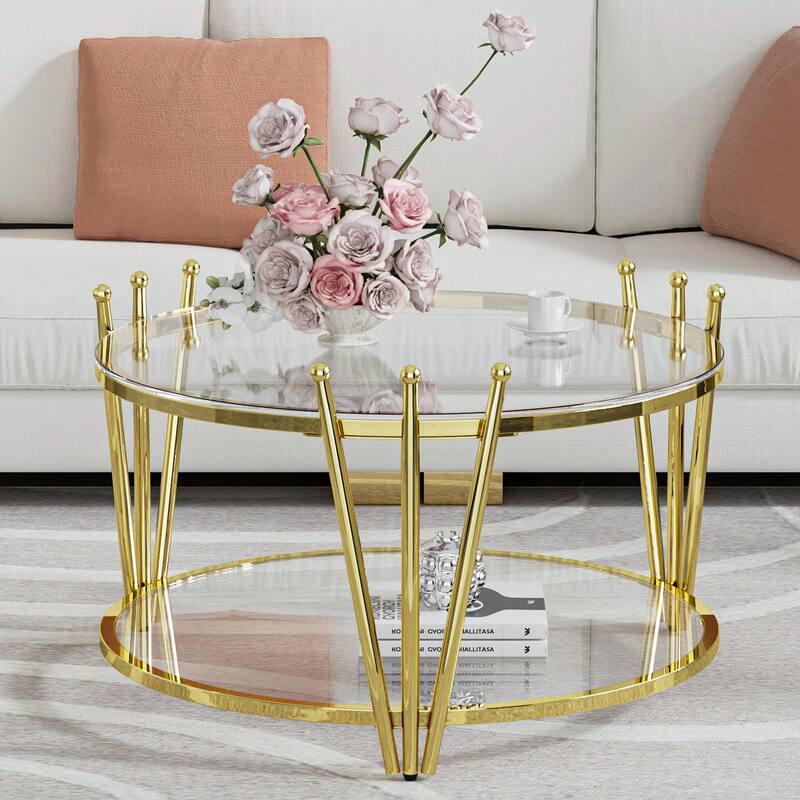 Modern Gold Round End Table with Tempered Glass Top & Crown Design for Living Room - 31.5"